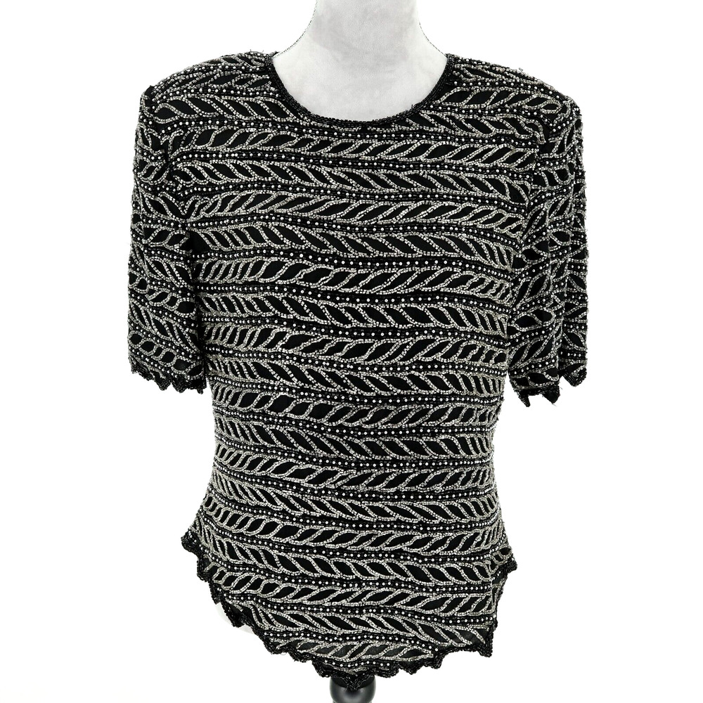 Laurence Kazar Top Plus Size 2X XXL Black Silk Blouse Sequins Beads Vintage